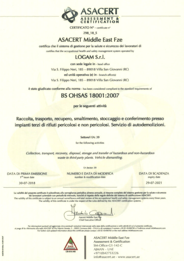 LOGAM - Certificato BS OHSAS 18001-2007 scadenza 20210729