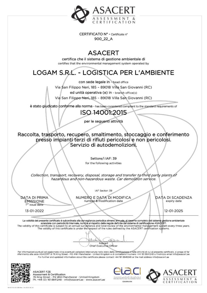 LOGAM - Certificato ISO 14001-2015 scadenza 20250112